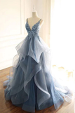 Charming Ball Gown Straps Dusty Blue Lace Long Prom Dress HZ1024