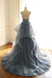 Charming Ball Gown Straps Dusty Blue Lace Long Prom Dress HZ1024