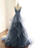 Charming Ball Gown Straps Dusty Blue Lace Long Prom Dress HZ1024