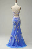 Charming Mermaid Straps Tulle Blue Lace Slit Long Prom Dress HZ1024