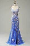 Charming Mermaid Straps Tulle Blue Lace Slit Long Prom Dress HZ1024