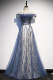 Charming A Line Off The Shoulder Blue Sequin Long Prom Dress HZ1024