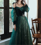Simple A line Straps Long Sleeves Green Sequin Prom Dress HZ1024
