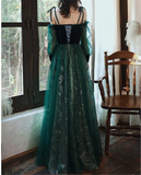 Simple A line Straps Long Sleeves Green Sequin Prom Dress HZ1024