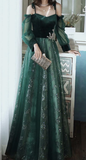 Simple A line Straps Long Sleeves Green Sequin Prom Dress HZ1024