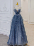 Vintage A line Straps Tulle Dusty Blue Long Prom Dress HZ1024