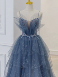 Vintage A line Straps Tulle Dusty Blue Long Prom Dress HZ1024