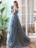 Vintage A line Straps Tulle Dusty Blue Long Prom Dress HZ1024