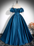 Simple A-Line Puff Sleeves Satin Peacock Blue Long Prom Dresss HZ1024