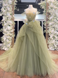 Simple A-Line Tulle Sage Green Long Prom Dress HZ1024