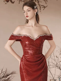 Simple Off Shoulder Sequin Mermaid Burgundy Long Prom Dress HZ1024