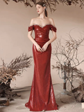 Simple Off Shoulder Sequin Mermaid Burgundy Long Prom Dress HZ1024