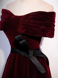A-Line Off Shoulder Velvet Burgundy Long Prom Dress HZ1024
