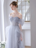 Simple A-Line Off Shoulder Tulle Sequin Gray Long Prom Dress HZ1024