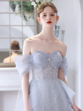 Simple A-Line Off Shoulder Tulle Sequin Gray Long Prom Dress HZ1024