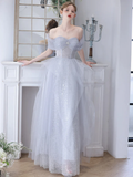 Simple A-Line Off Shoulder Tulle Sequin Gray Long Prom Dress HZ1024