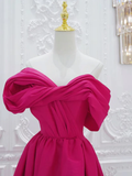 Simple A-Line Off Shoulder Satin Rose Red Long Prom Dress HZ1024