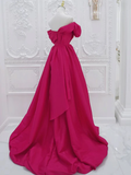 Simple A-Line Off Shoulder Satin Rose Red Long Prom Dress HZ1024