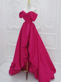 Simple A-Line Off Shoulder Satin Rose Red Long Prom Dress HZ1024