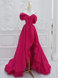 Simple A-Line Off Shoulder Satin Rose Red Long Prom Dress HZ1024