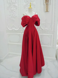 Red A-Line Off Shoulder Satin Long Prom Dress HZ1024