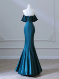 Simple Off Shoulder Satin Ink Blue Long Prom Dress HZ1024