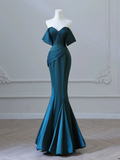 Simple Off Shoulder Satin Ink Blue Long Prom Dress HZ1024