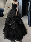 A-Line Sweetheart Neck Tulle Black Long Prom Dress HZ1024