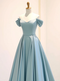 A-Line Off Shoulder Satin Blue Long Prom Dress HZ1024
