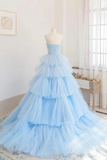 Beautiful Blue Layers Tulle Long Prom Dresses HZ1024