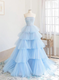 Beautiful Blue Layers Tulle Long Prom Dresses HZ1024