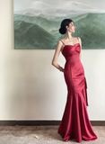 Wine Red Satin Straps Long Evening Dress Prom Dress HZ1024