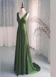 Green Satin V-Neckline Low Back Prom Dress HZ1024