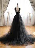 Simple A line Black V Neck Tulle Long Prom Dresses HZ1024