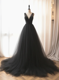 Simple A line Black V Neck Tulle Long Prom Dresses HZ1024