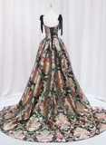 Black Satin Straps A-line Floral Long Formal Dress Prom Dress HZ1024
