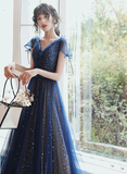Navy Blue V-neckline Tulle Long Party Dress Prom Dress HZ1024