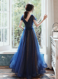 Navy Blue V-neckline Tulle Long Party Dress Prom Dress HZ1024