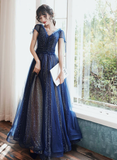 Navy Blue V-neckline Tulle Long Party Dress Prom Dress HZ1024