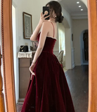 Simple A line Straps Pearls Burgundy Long Velvet Prom Dress HZ1024