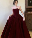 Simple A line Straps Pearls Burgundy Long Velvet Prom Dress HZ1024