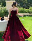 Simple A line Straps Pearls Burgundy Long Velvet Prom Dress HZ1024