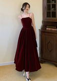 Simple A line Straps Pearls Burgundy Long Velvet Prom Dress HZ1024