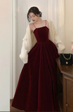 Simple A line Straps Pearls Burgundy Long Velvet Prom Dress HZ1024