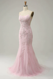Modest Mermaid Spaghetti Straps Lace Pink Long Prom Dresses HZ1024