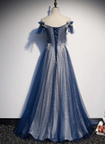 Simple A line Off The Shoulder Sequin Blue Long Prom Dresses HZ1024