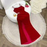 Elegant Sheath Straps Burgundy Satin Silver Beads Slit Long Prom Dresses Formal Dress HZ1024