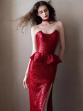 Sexy Mermaid Strapless Red Sequin Slit Long Prom Dresses HZ1024