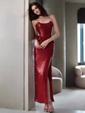 Sexy Mermaid Strapless Red Sequin Slit Long Prom Dresses HZ1024