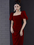 Sexy A Line Square Neckline Red Slit Long Prom Dresses HZ1024